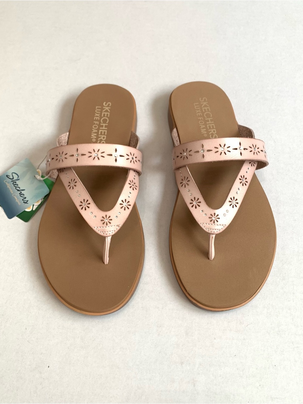 SKECHERS Summer Cove Spring Flowers Blush Pink Luxe Foam Flip Flops Women’s Sz 9